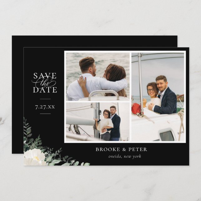 Elegantes botanisches Black Flat Save the Date Fot (Vorne/Hinten)