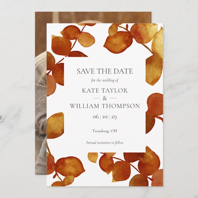 Elegantes Botanisches Blätter Foto Save The Date (Vorne/Hinten)