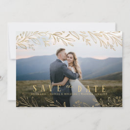 Elegantes botanisches Blattgold-Foto Save the Date Einladung