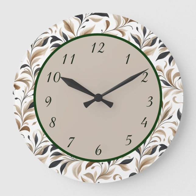 Elegantes botanisches Blattmuster-Design Große Wanduhr (Vorderseite)