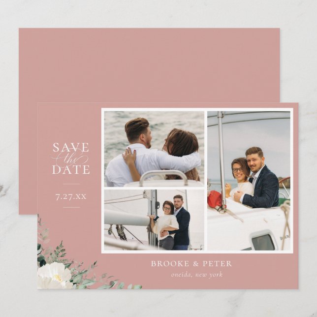 Elegantes botanisches Dusty Rose Foto Save The Date (Vorne/Hinten)