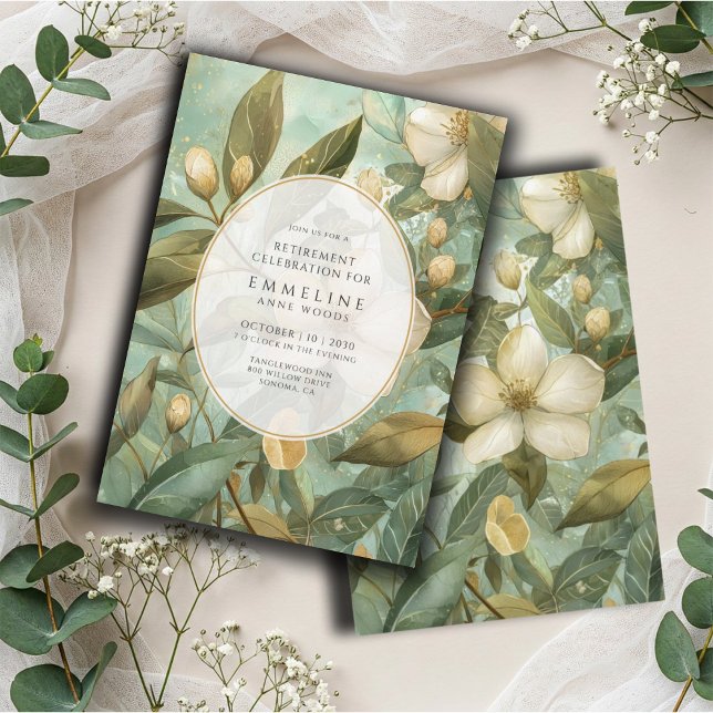 Elegantes botanisches Gold Green Floral Retirement Einladung (Von Creator hochgeladen)