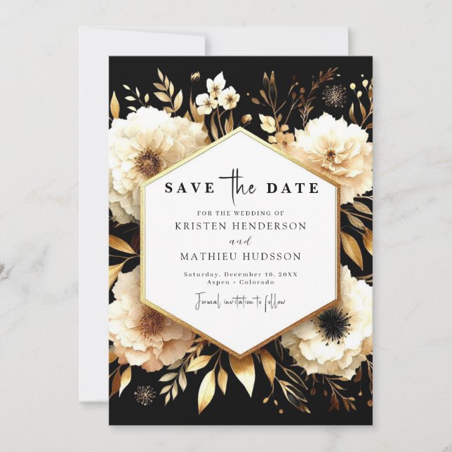 Elegantes botanisches Gold und Schwarze Hochzeit Save The Date (Vorderseite)