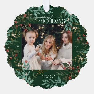 Elegantes botanisches Green Happy Holiday Foto Ornament Karte