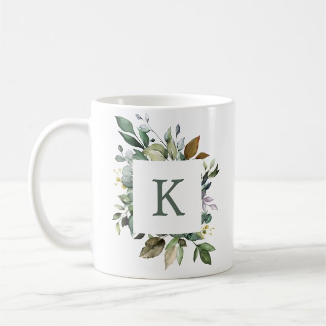 Elegantes Botanisches Greenery Frame Monogramm Kaffeetasse (Links)