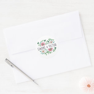 Elegantes botanisches Grün und rosa Blütenblätter Runder Aufkleber