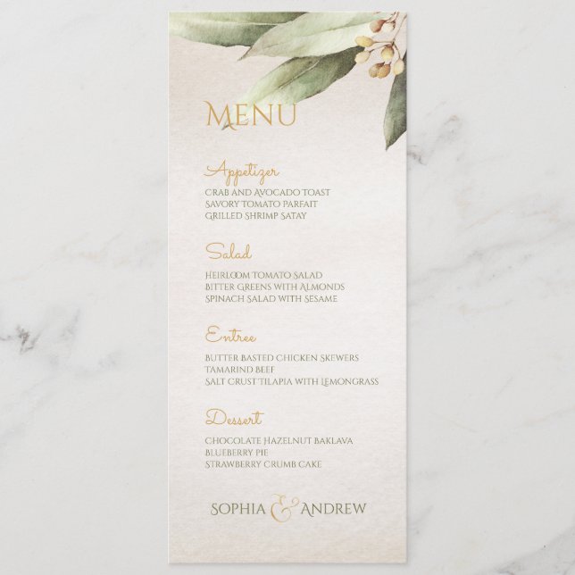 Elegantes botanisches Grün Vintage rustikale Hochz Menükarte (Vorderseite)