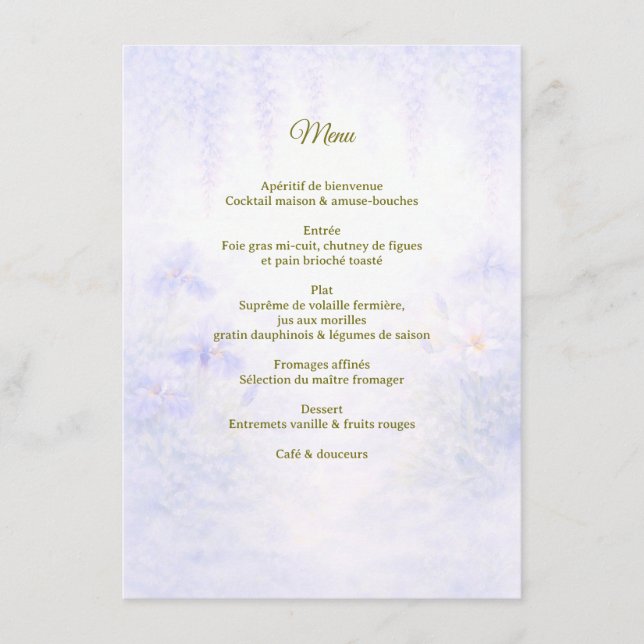 Elegantes botanisches Hochzeitsmenü Menükarte (Vorderseite)