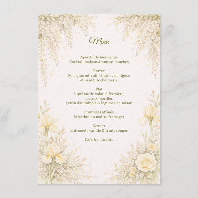 Elegantes botanisches Hochzeitsmenü Menükarte (Vorderseite)