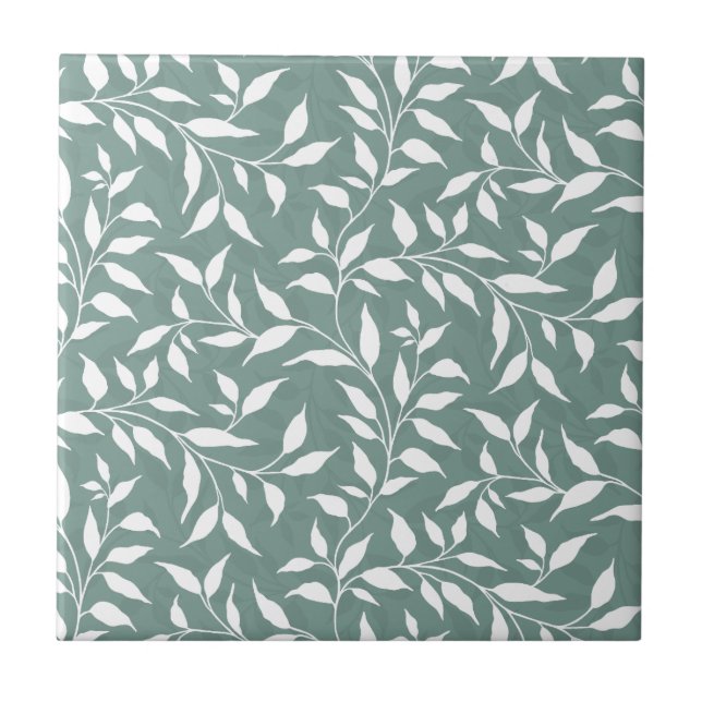 Elegantes botanisches Leaf Dance Foliage Weiß Aqua Fliese (Vorderseite)