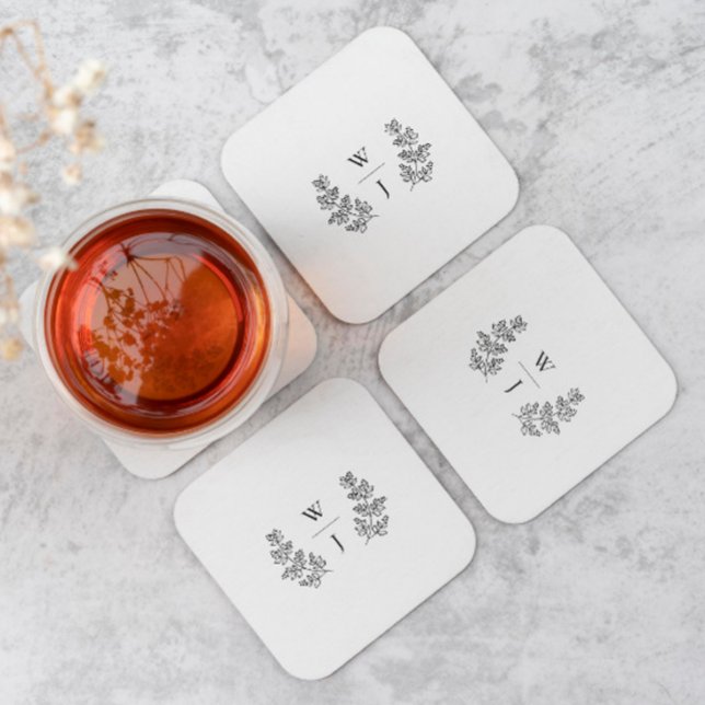 Elegantes Botanisches Leaf Monogramm erste Hochzei Rechteckiger Pappuntersetzer (Von Creator hochgeladen)