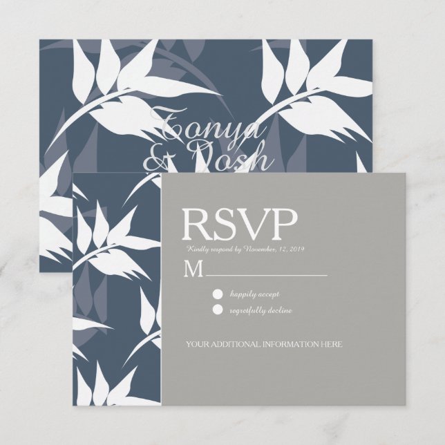 Elegantes Botanisches Leaf Navy Weißes Muster Hoch Einladung (Vorne/Hinten)