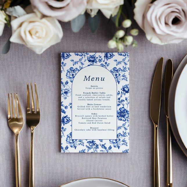 Elegantes botanisches Menü mit Blau und Creme Menükarte (Elegant deep blue delftware style botanical menu, classic and timeless celebration frame.)