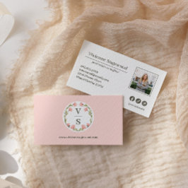 Elegantes botanisches Monogramm Wappen Rosa Foto Visitenkarte