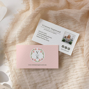 Elegantes botanisches Monogramm Wappen Rosa Foto Visitenkarte