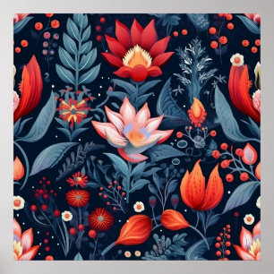 Elegantes botanisches rot-blau-teales Muster Mitte Poster
