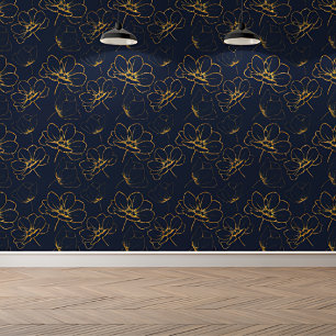 Elegantes Botanisches Royal Blue Gold Floral Muste Tapete