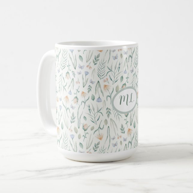 Elegantes botanisches Wasserfarben-Blumenmonogramm Kaffeetasse (Vorderseite Links)