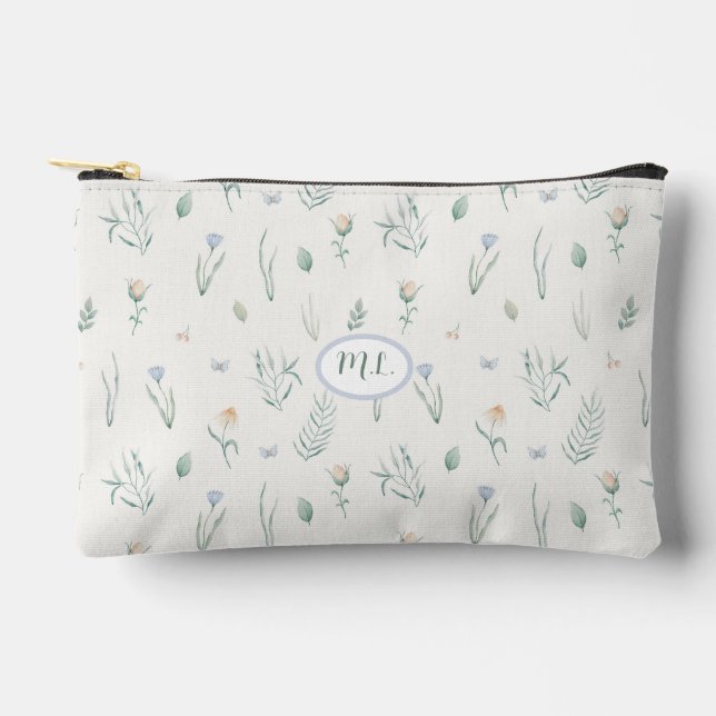 Elegantes botanisches Wasserfarben-Blumenmonogramm Zubehörtasche (Vorderseite)