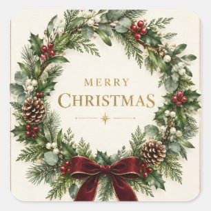 Elegantes botanisches Weihnachten, Vintage-Grün  Quadratischer Aufkleber