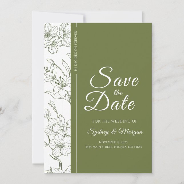 Elegantes botanisches Weiß-Grün Save the Date Einladung (Vorderseite)