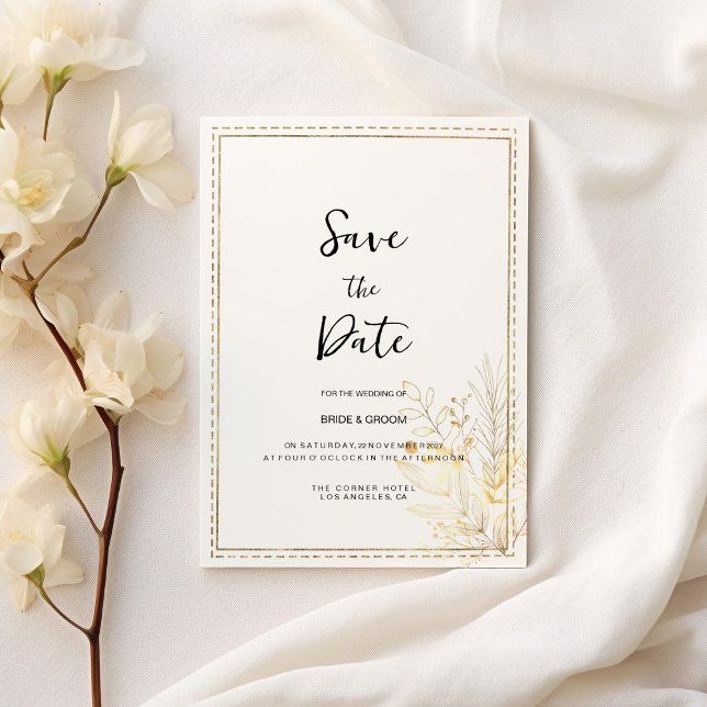 Elegantes botanisches Weißgold Save the Date Einladung (Elegant botanical white gold floral Save the Date)