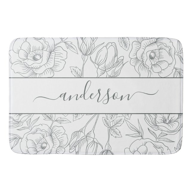 Elegantes Botanisches Weißgraues Monogramm Badematte (Vorderseite)