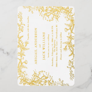 Elegantes botanisches White Wedding Gold Folieneinladung