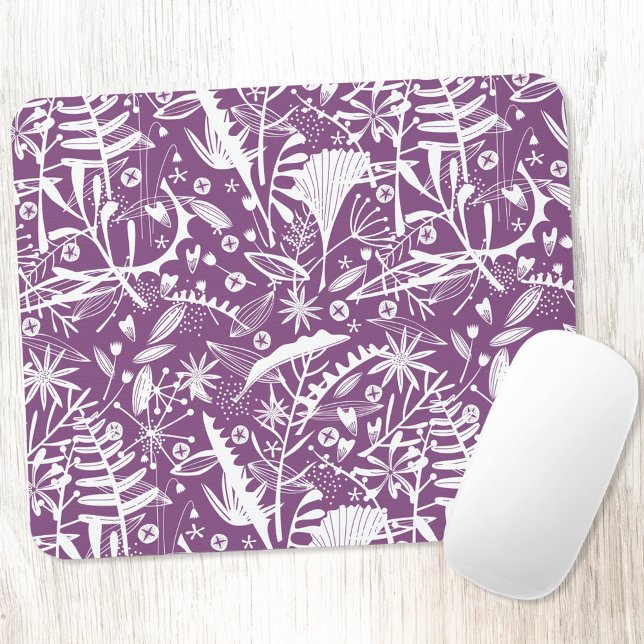 Elegantes botanisches Zeitalter Lila Mousepad (Purple and white botanical pattern mousemat)