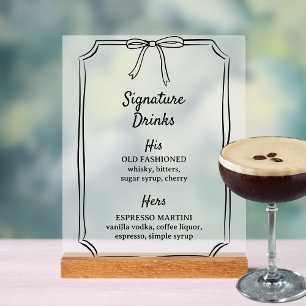 Elegantes Bow Signature Drinks Hochzeitsmenü Bar Acrylschild