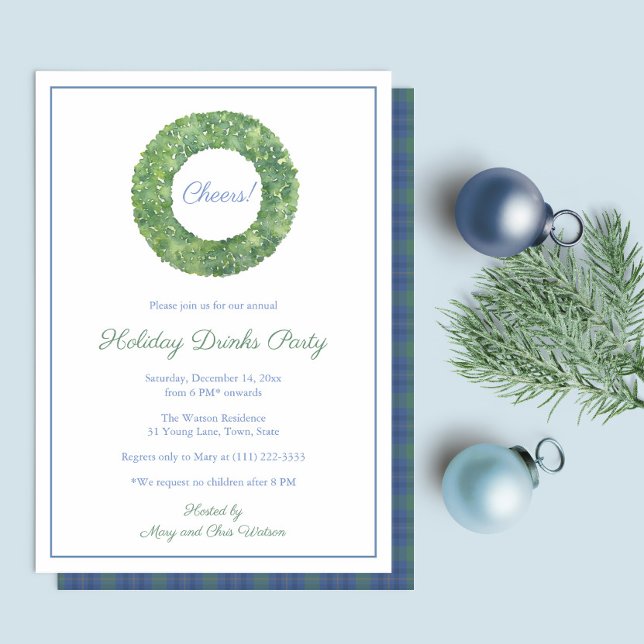 Elegantes Boxwood Wreath Christmas Party Einladung (Simple Elegant Holidays Party Invitation In Blue / Green With Boxwood Wreath And Tartan Plaid Backer)