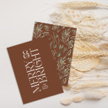 Elegantes braunes Blattwerk moderne minimale Typog Feiertagskarte<br><div class="desc">Elegante Typografie moderne minimale natürliche Aquarellfarben botanische Typografie Fröhliche und helle Weihnachtsferien flache Karte.</div>