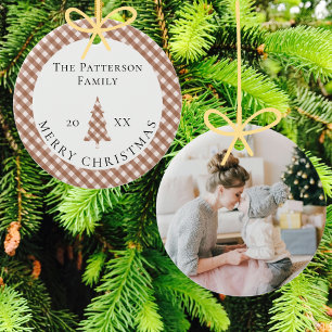 Elegantes braunes Gingham-Karo Weihnachtsfoto Froh Keramik Ornament