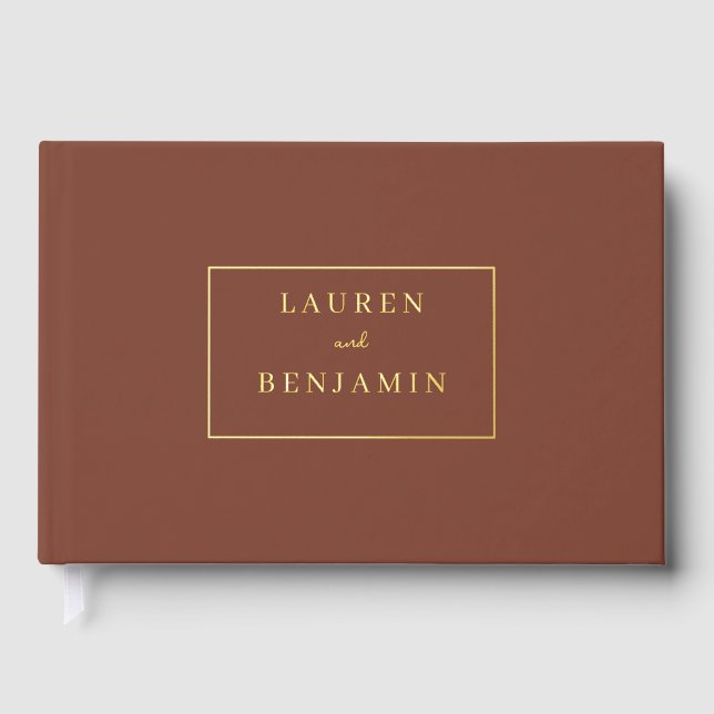 Elegantes braunes Gold-Nameplate Gästebuch (Vorderseite)