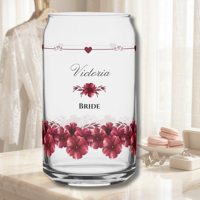 Elegantes Brautgeschenk Herbst Burgunder Hochzeit Dosenglas (Burgundy floral bride glass cup for bridal shower gifts and wedding morning prep.)