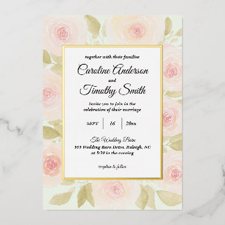 Elegantes Brautpaar in Chic Sage Grün und Rosa Ros Folieneinladung