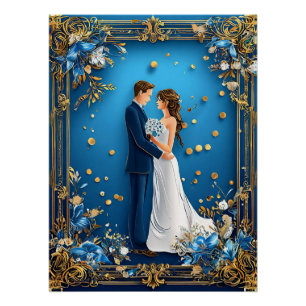 Elegantes Brautpaar mit Blumenrahmen umarmt Poster