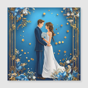 Elegantes Brautpaar umarmt mit Blumenrahmen Magneteinladung