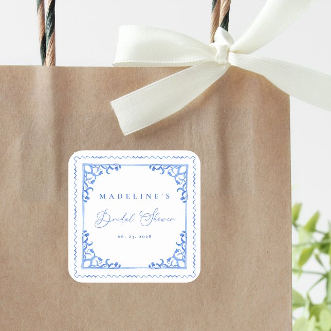 Elegantes Brautparty aus Blauem Tile Quadratischer Aufkleber (Von Creator hochgeladen)