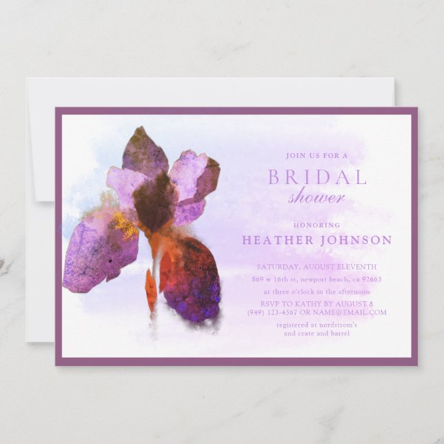 Elegantes Brautparty aus Gold und Lilac Iris Einladung (Vorderseite)