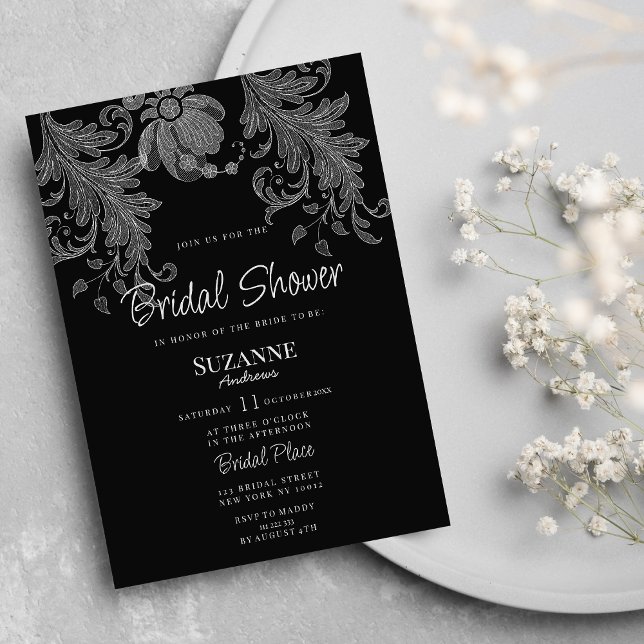 Elegantes Brautparty aus schwarz-weiß-blühenden Sp Einladung (Elegant black and white floral lace Bridal Shower)