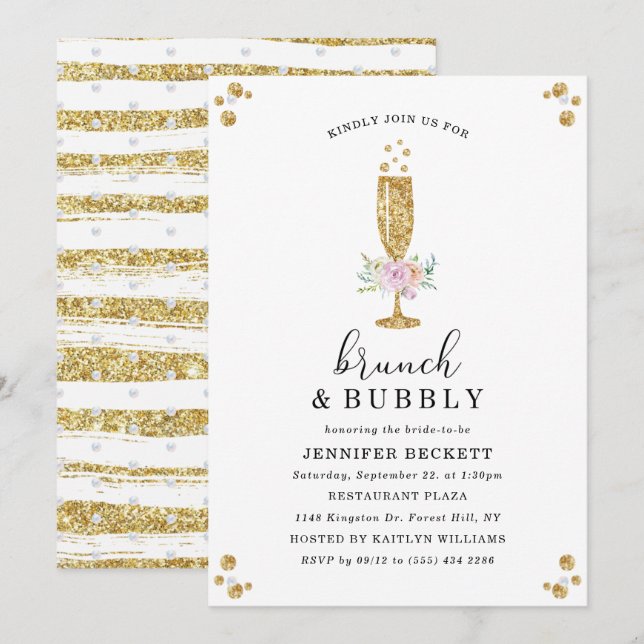 Elegantes Brautparty Brunch & Bubbly Einladung (Vorne/Hinten)