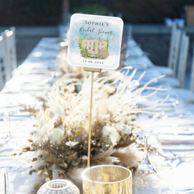 Elegantes Brautparty der Brunnen Tauben Blume Quadratischer Aufkleber (Von Creator hochgeladen)