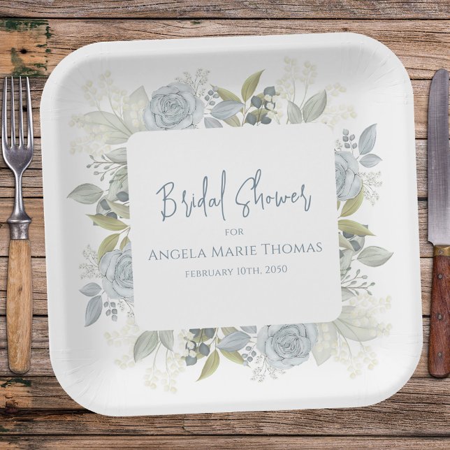 Elegantes Brautparty Dusty Blue Rose Pappteller (Bridal Shower paper plate with elegant blue floral roses, greenery, foliage, and leaves)