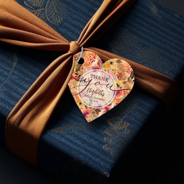 Elegantes Brautparty im Herbst floral Vielen Dank Geschenkanhänger (Elegant Autumn Floral Heart Shaped 2"x 2" Bridal Shower Thank You Favor Tags)