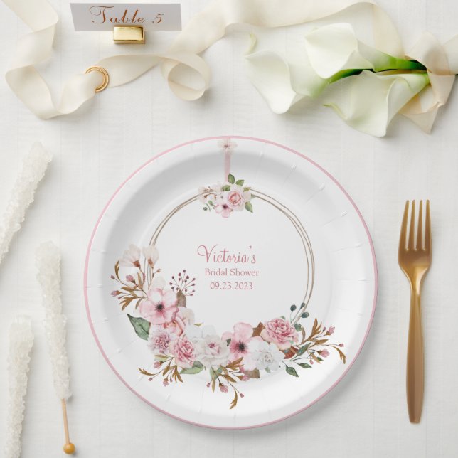 Elegantes Brautparty mit rosafarbenen Wasserfarben Pappteller (Hochzeit)