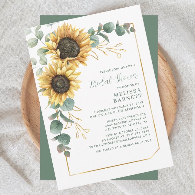 Elegantes Brautparty mit Sonnenblumen Einladung (Sunflower Floral Eucalyptus Greenery Script Bridal Shower Invitation)