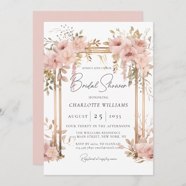 Elegantes Brautparty Rosa Blumenbogen Einladung (Vorne/Hinten)