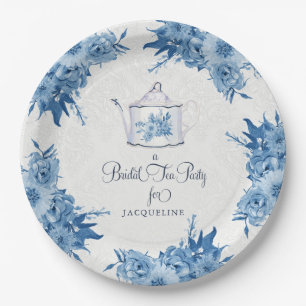 Elegantes Brautparty Tea Party Navy Blumen Pappteller