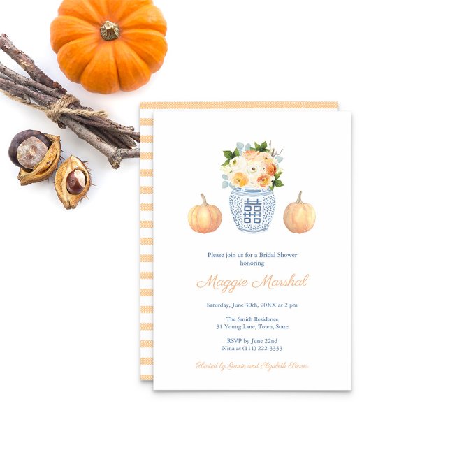Elegantes Brautparty von Blumen und Kürpen Herbst Einladung (Pumpkins Ginger Jar Fall Autumn Florals Soft Orange Striped Reverse Bridal Shower Party Invitation)